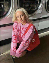 Autumn winter Pink smiley face sweater women's knitted round neck  tops female Korean loose oversized short bottoming sweaters